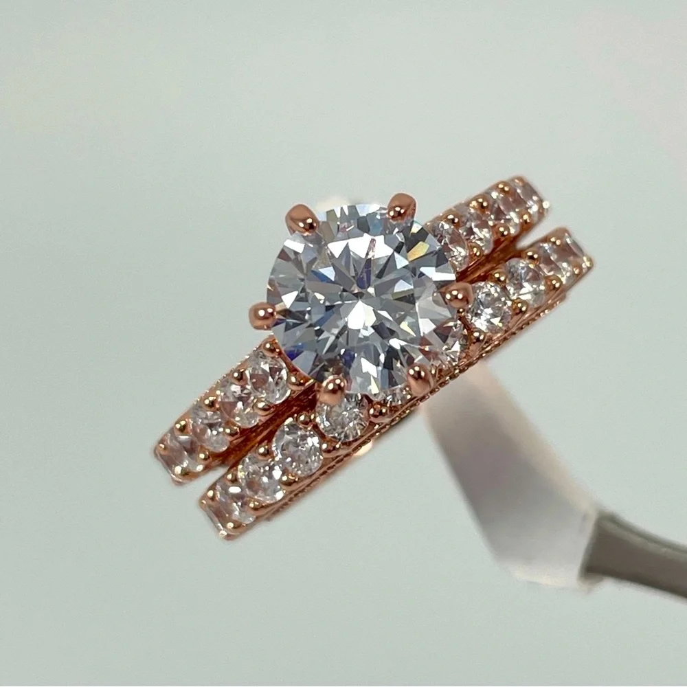 White 5A Cubic Zirconia Diamond Like Solid Silver Rose Gold‎ Tone Ring Set Sz 7